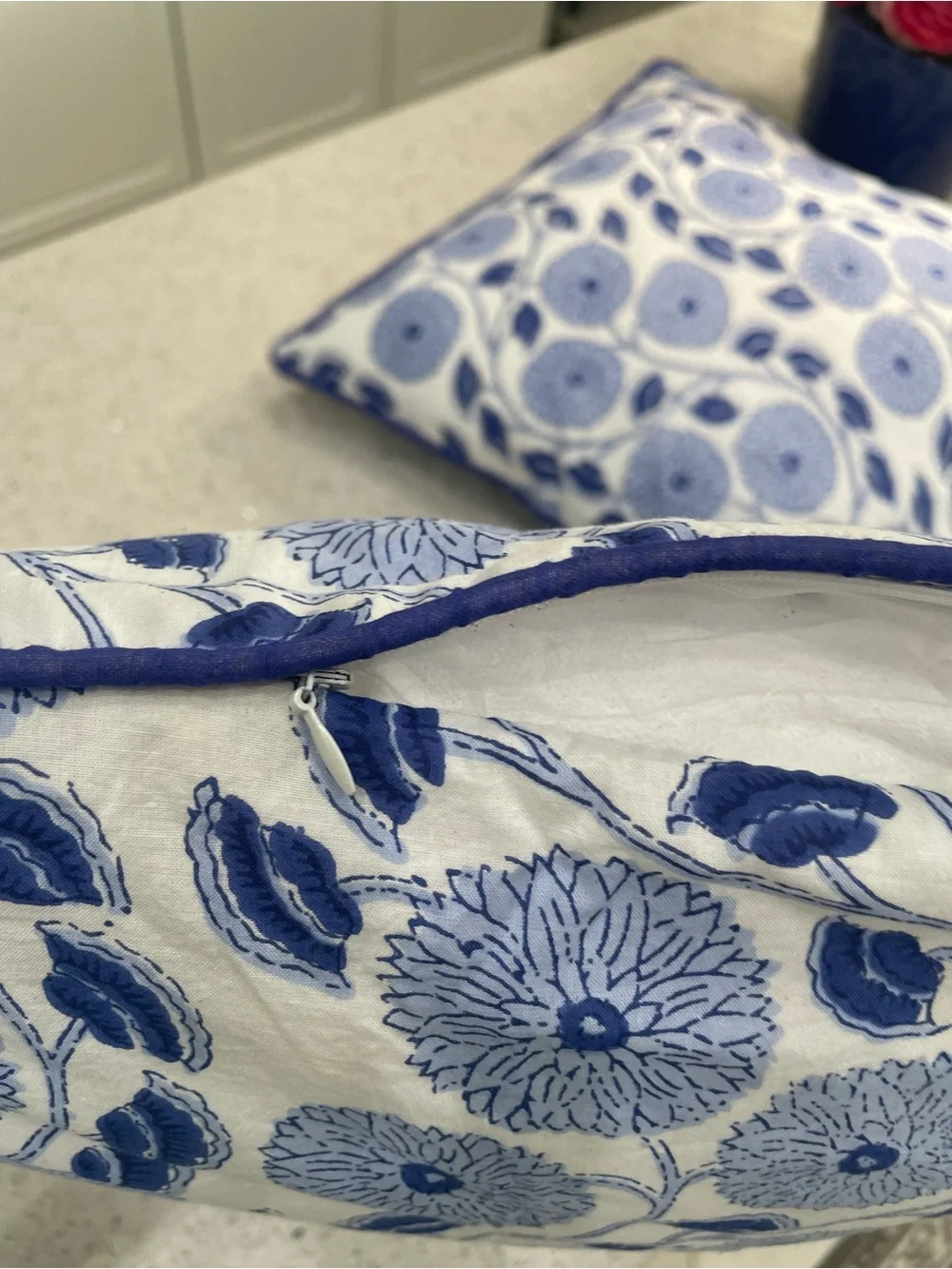 2 Blue Floral Decorative 16X16 Throw Pillow Pair Block Print w/insert and zipper